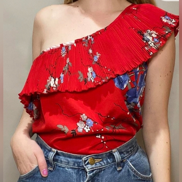 Studio Y Tops - Studio Y Red Japanese Cherry Blossom Asymmetrical One Shoulder Blouse